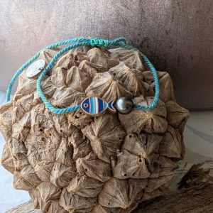 Bracelet Cordon vert et bleu Poisson et Perle de Tahiti