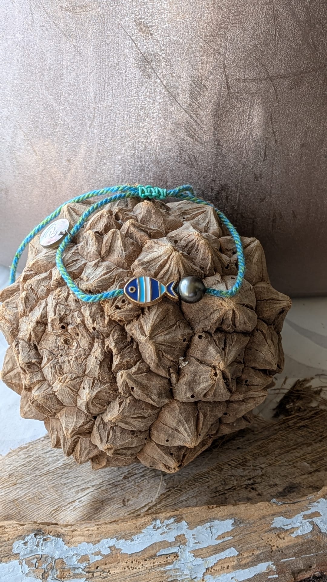 Bracelet Cordon vert et bleu Poisson et Perle de Tahiti